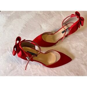 Erijunor Red Satin Bow Ankle Strap D'Orsay Pumps Pointed Toe Heels Size 7.5